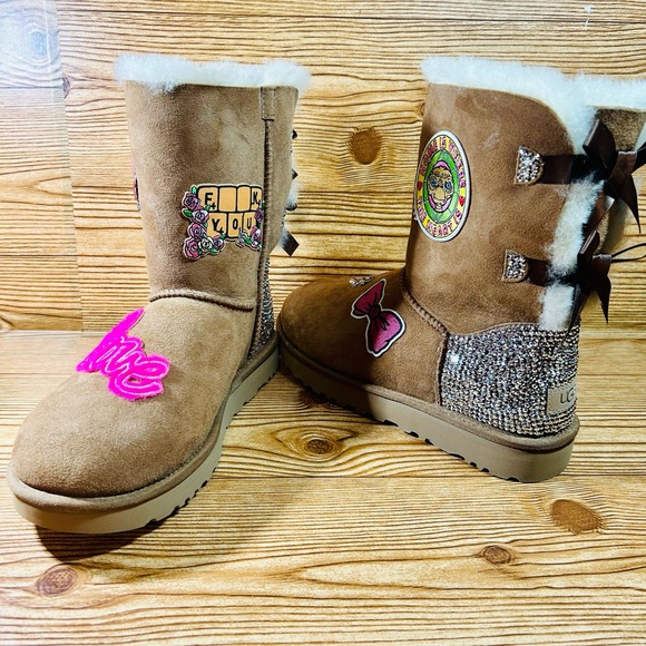 Bailey Bow Ugg Boots NWOB custom bling with patches - Picture 6 of 10